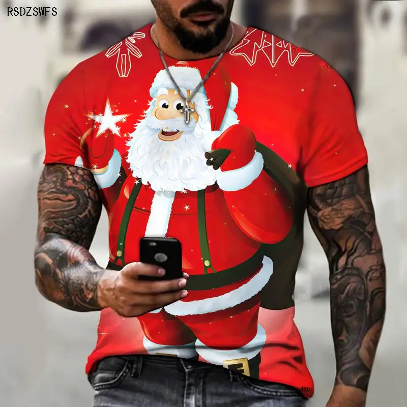 Brand Men\'s T-shirt Christmas New 3D Printing Santa Claus Christmas Tree Snowman Street Fashion Cool Top O-neck Design