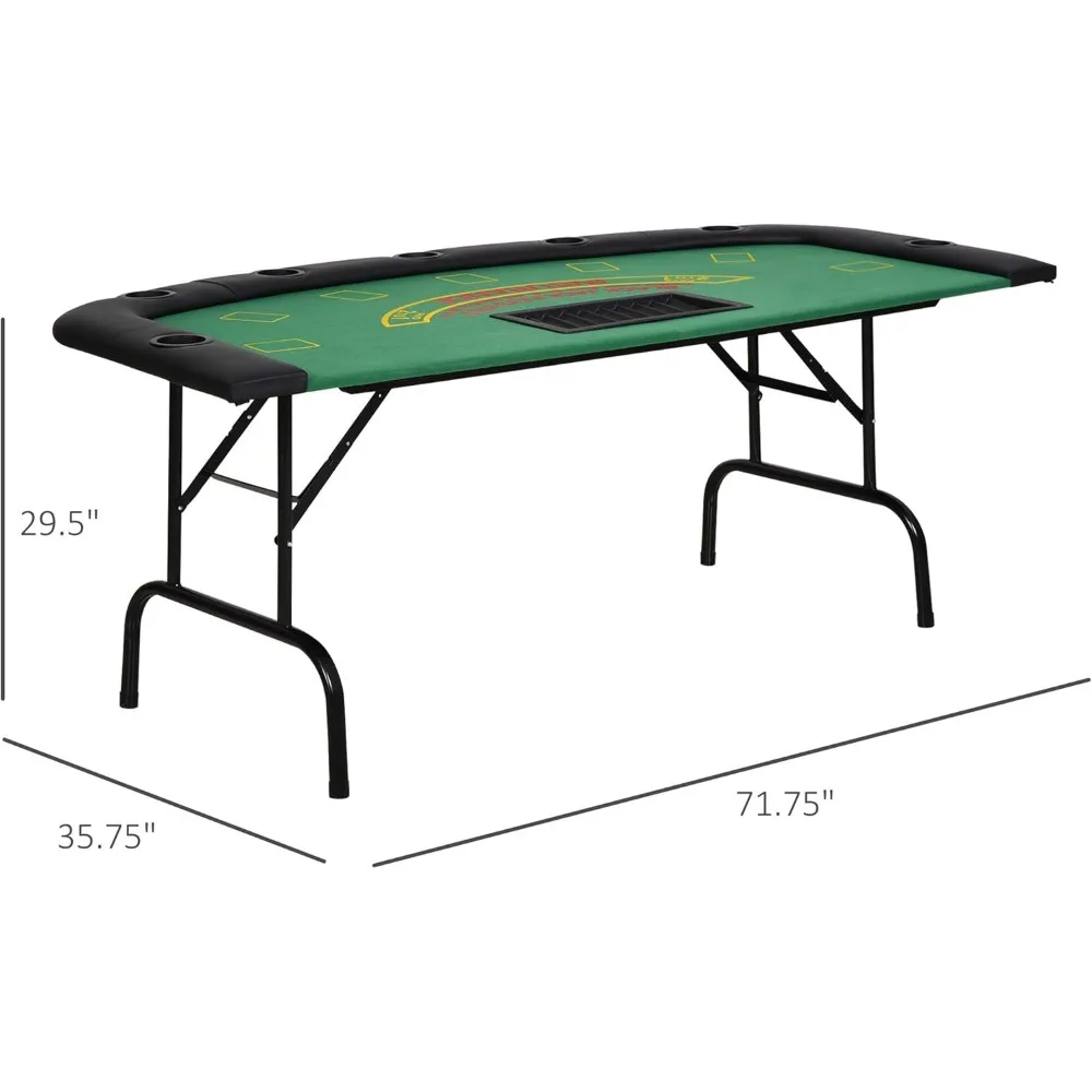 Poker Table Foldable, 72" Blackjack Table for 7 Players with Chip & Cup Holder, Green Felt