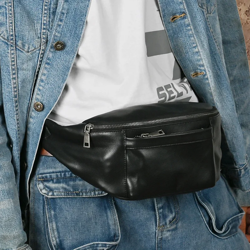 Genuine Leather Men's Sports Waist Bag, Top Layer Cowhide Shoulder Crossbody Multifunctional Phone Bag Lightweight Chest Bag