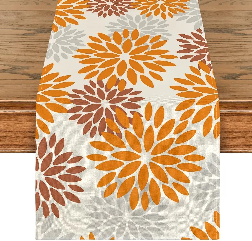 Thanksgiving Orange Dahlia Floral Linen Table Runners Dining Room Decor Washable Table Runners Thanksgiving Party Decorations