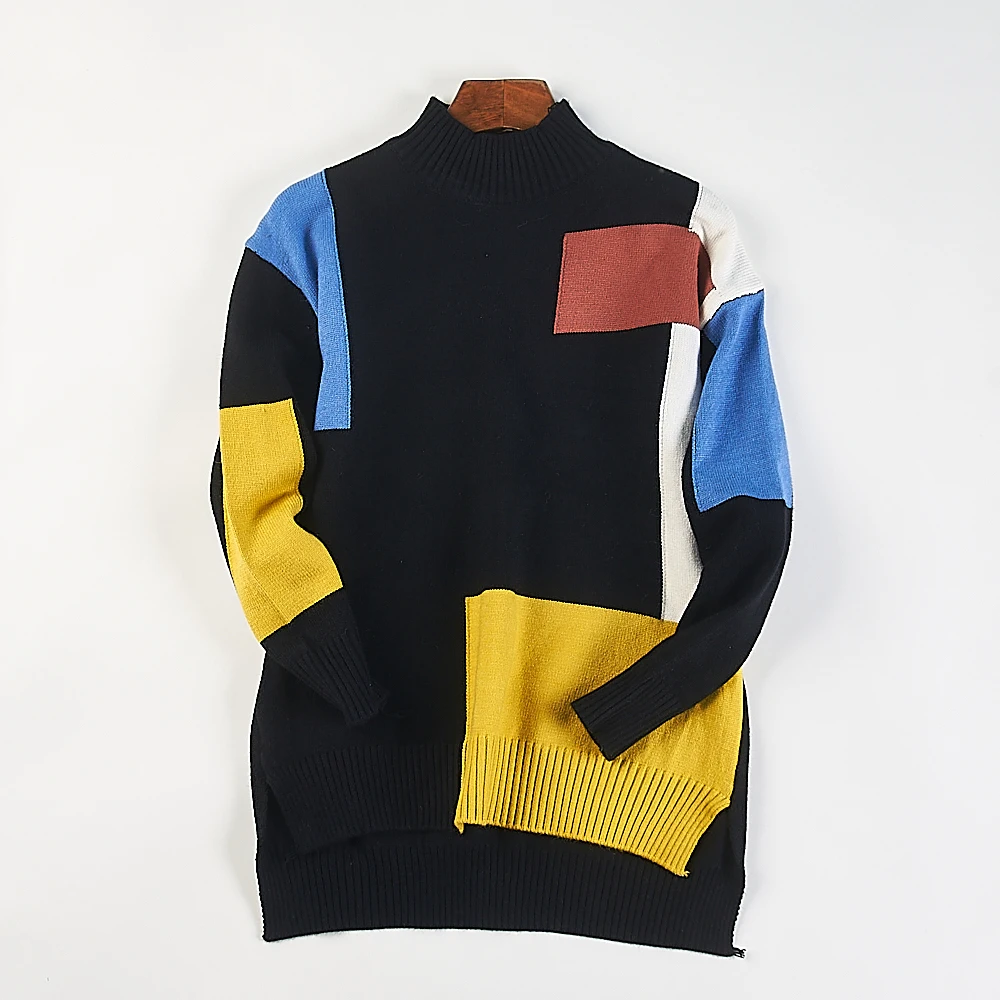 

Retro Korean Style Geometric Color Block Half High Collar Women's Knitwear Unique Design Autumn Winter Fashion Top