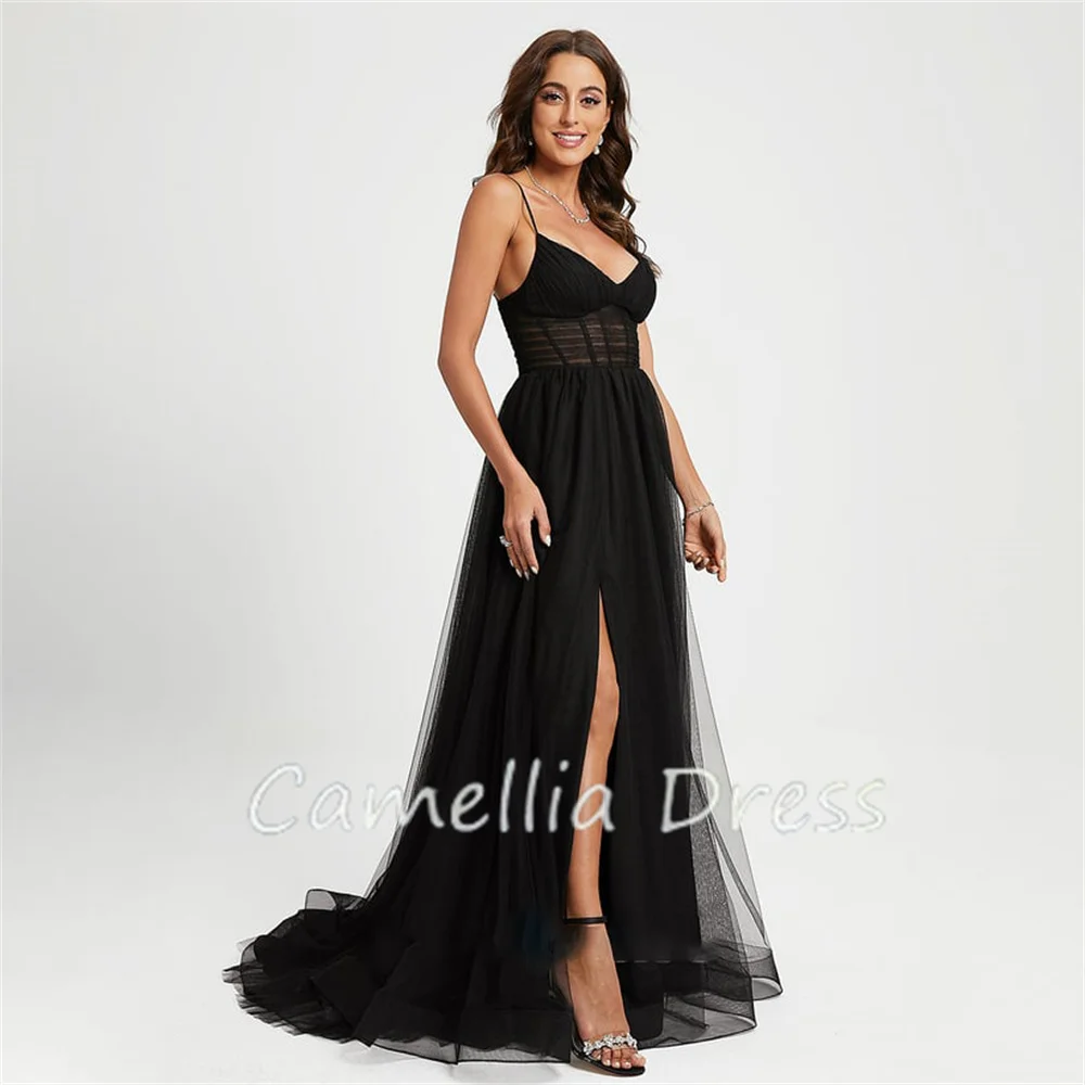 Princess Ball-Gown Evening Dresses V-Neck Party Dresses Sweep Train Tulle Formal Dresses Vestidos De Fiesta فساتين السهرة