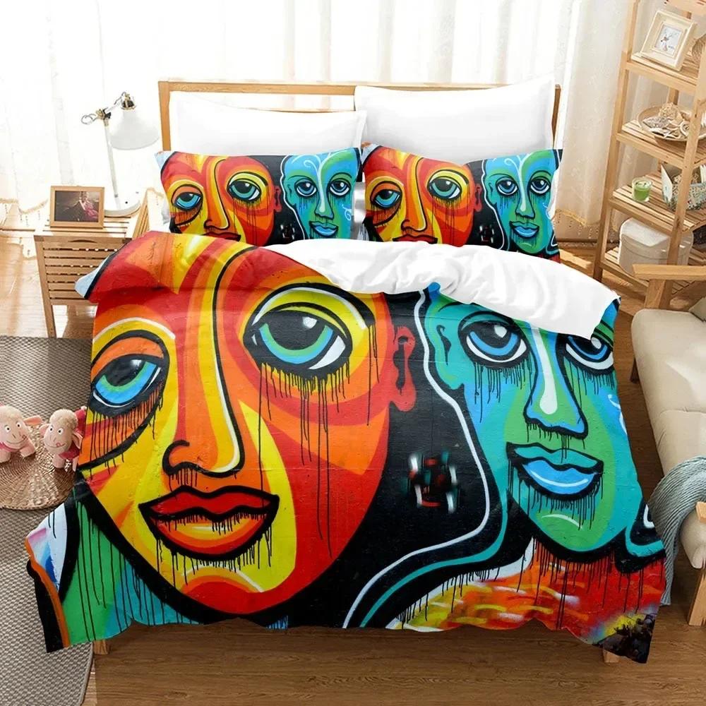 Graffiti Duvet Cover Set King Queen Size Hip Hop Street Culture Harlem New York Face Spray Hippie Art Soft Polyester Quilt Cover