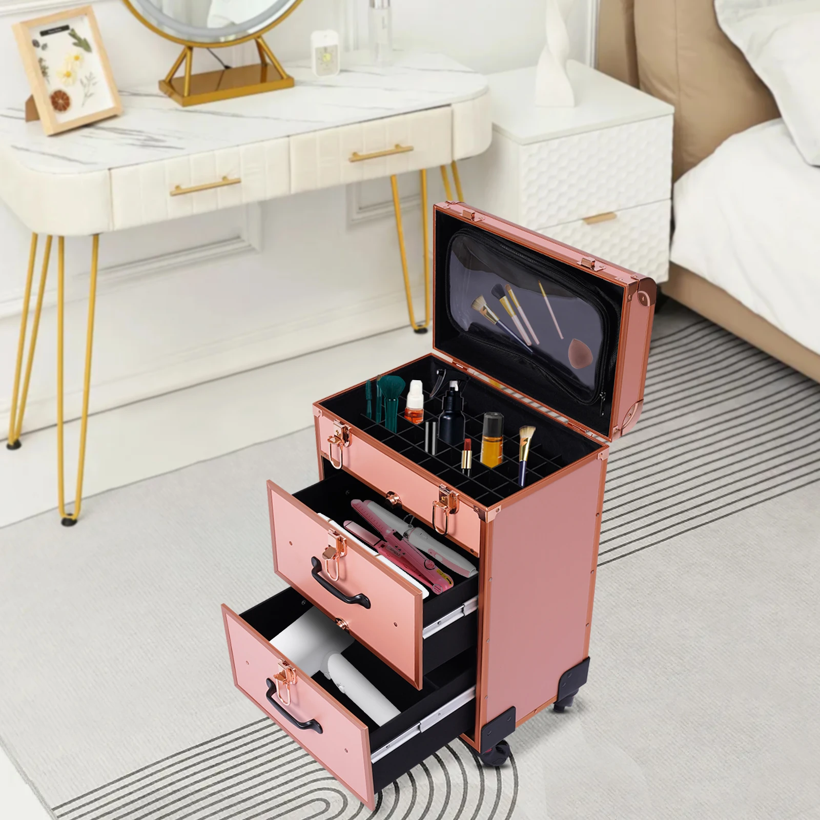 

Gold, 3-Tier Makeup Case, Rolling Makeup Case with Wheels, Large Cosmetic Trolley Case with Locks, Makeup Storage Organizer Case