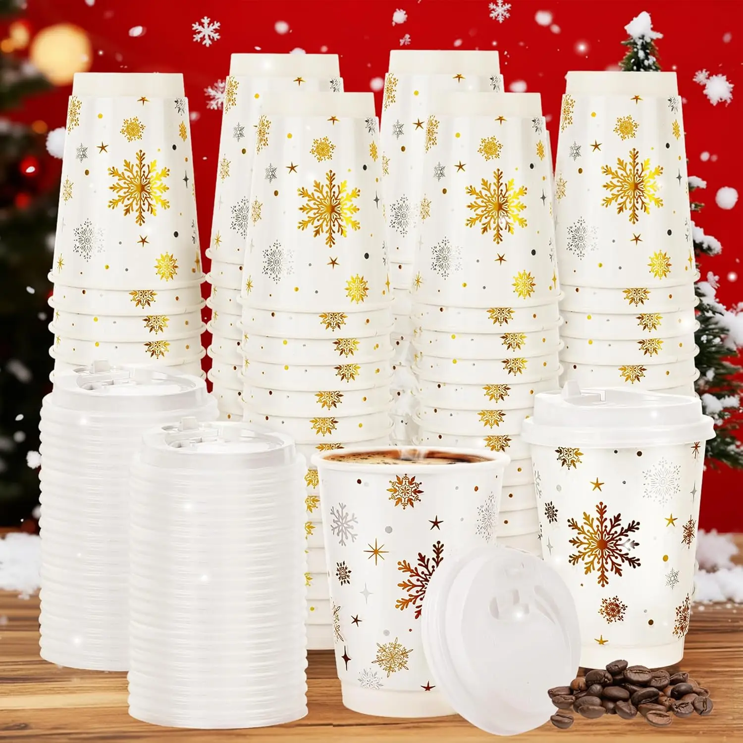 

100 Pcs Christmas Coffee Cups with Lids 12oz Gold Foil Snowflake Paper Cups Insulated Cups for Xmas Hot Cocoa Beverage W