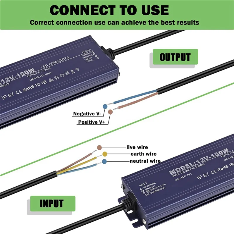 2X 12V LED Driver IP67 Waterproof 12V 100W Power Supply Transformer 100-264V AC To 12Volt DC Low Voltage Output-TCE