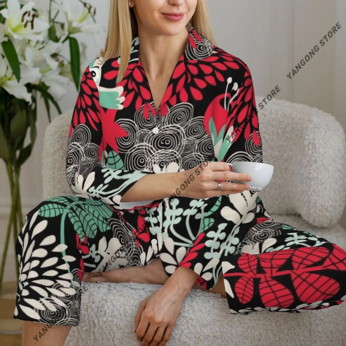 

Весенне-осенние брюки с длинными рукавами, пижамный комплект одежды для дома, женский свободный спальный костюм с цветочным принтом и цветочным принтом