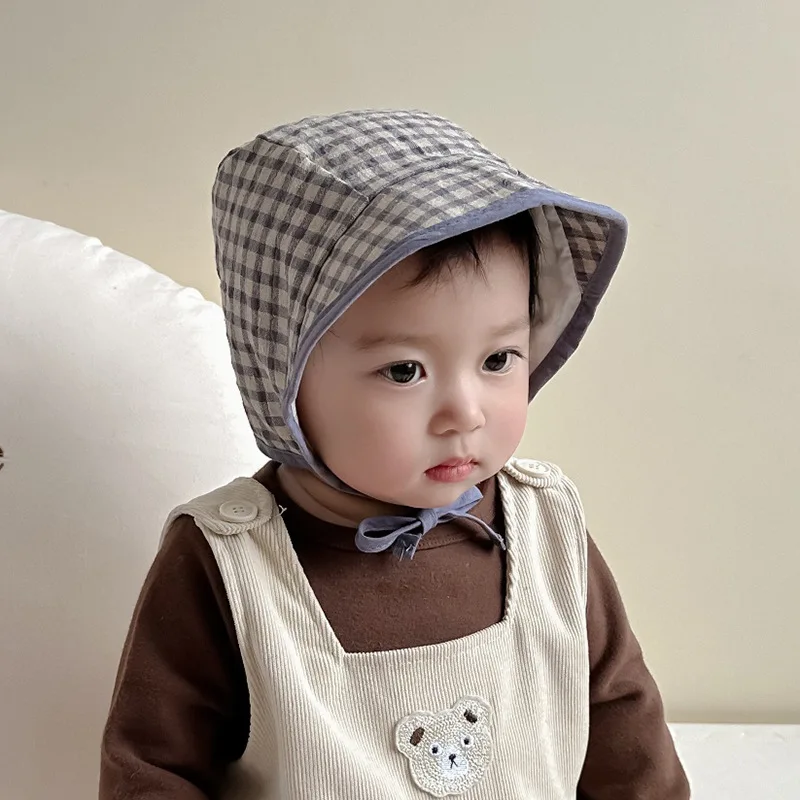 

Cotton Baby Hats Vintage Plaid Ear Protection Caps New Spring Large Brim Sunshade Windproof Hat Children Head Accessories 6-18M