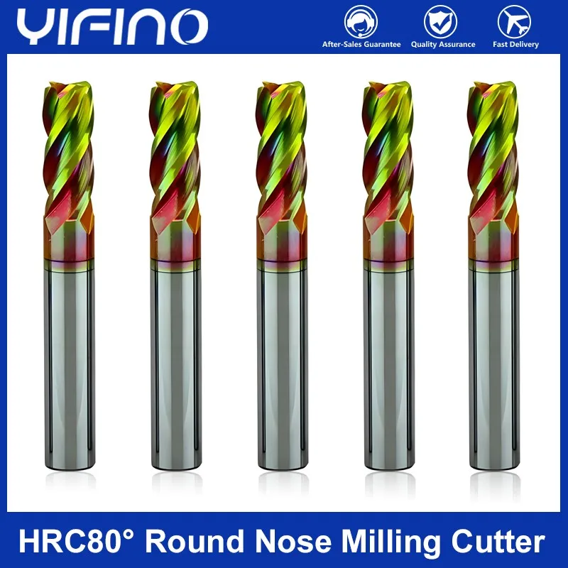 YIFINO CNC Machining Tool HRC80 High Hardness Endmills 4-Flute Tungsten Steel Carbide Colorful Coating Round Nose Milling Cutter