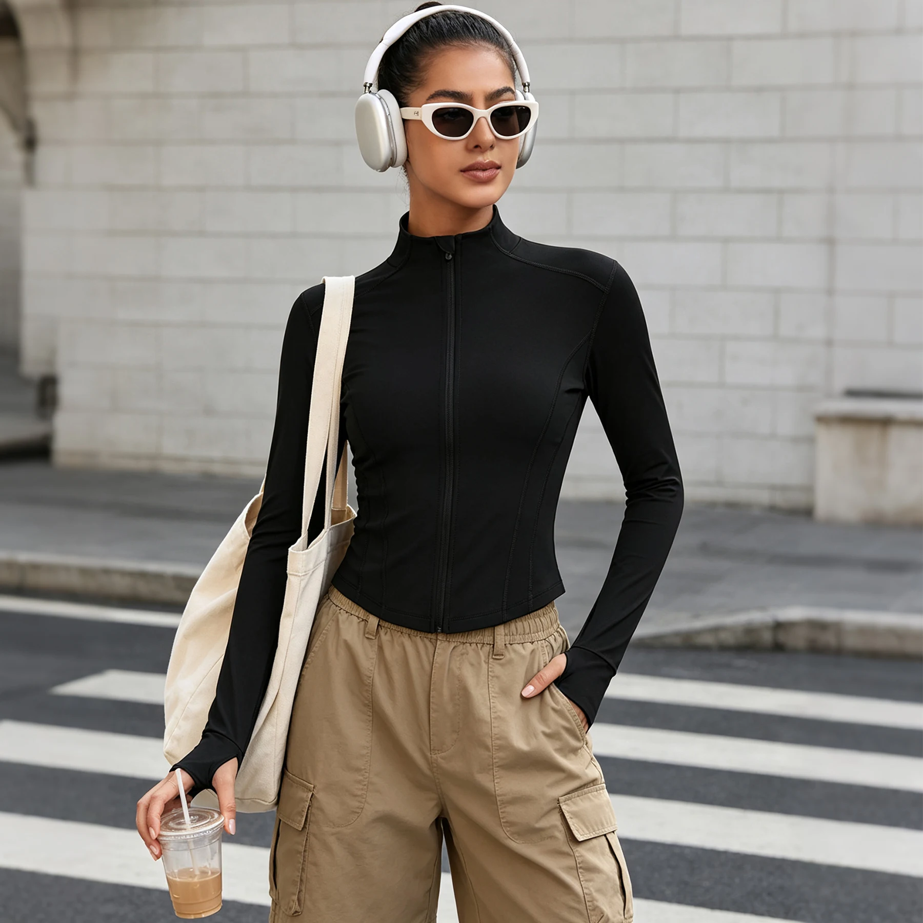 Women's Sports Jacket Slim Fit Stand Collar Full Long Sleeve Running Workout Coat Fitness Top with Thumb Holes Athletic Tee