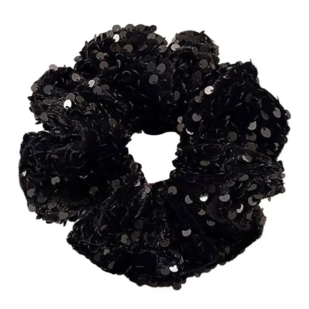 Gomas para el pelo de terciopelo de lujo Vintage para mujer, coleteros con lentejuelas negras y plateadas, accesorios grandes y brillantes para el cabello de fiesta