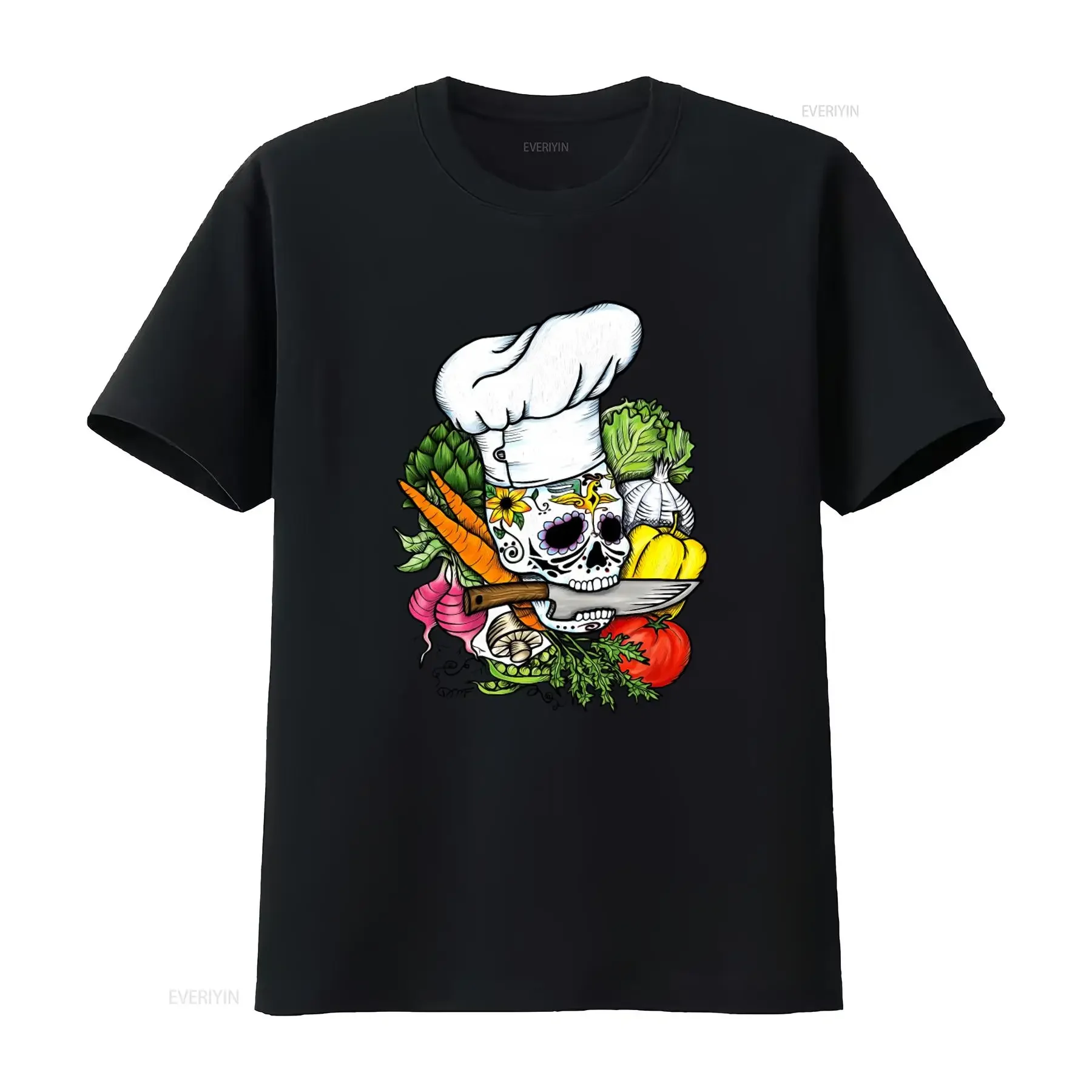 Sugar Skull Chef Vegetables Print T Shirt for American Market vintage Washed Soft Top For Everyday Wear streetwear Breathable