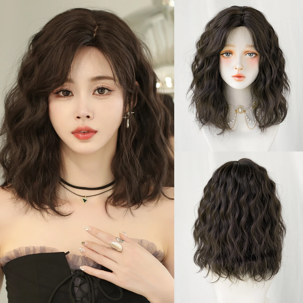 7JHH WIGS Schulterlange, wasserwellige schwarze Perücke für Damen, synthetische, hitzebeständige, modische Perücken mit seitlichem Scheitel zum sofortigen Tragen
