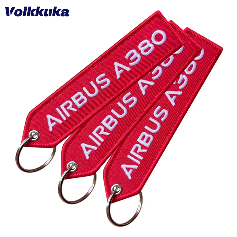 1PC 2PCS 3PCS Set Sale Both Sides Embroidery White Letters AIRBUS A380 Red Tag Motorcycle Aviation Keychain Bag Accesorios