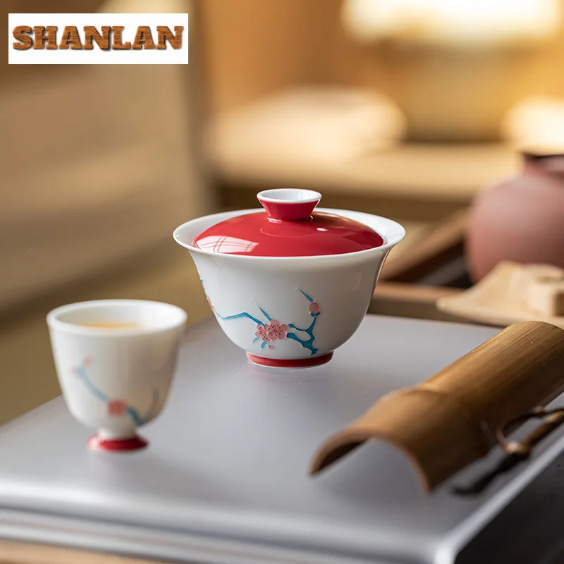 

100ml Hand Painted Plum Blossom Gaiwan Luxury Tea Tureen Tea Bowl With Lid Kit Tea Brewing Cover Bowl Tea Ceremony Ornaments