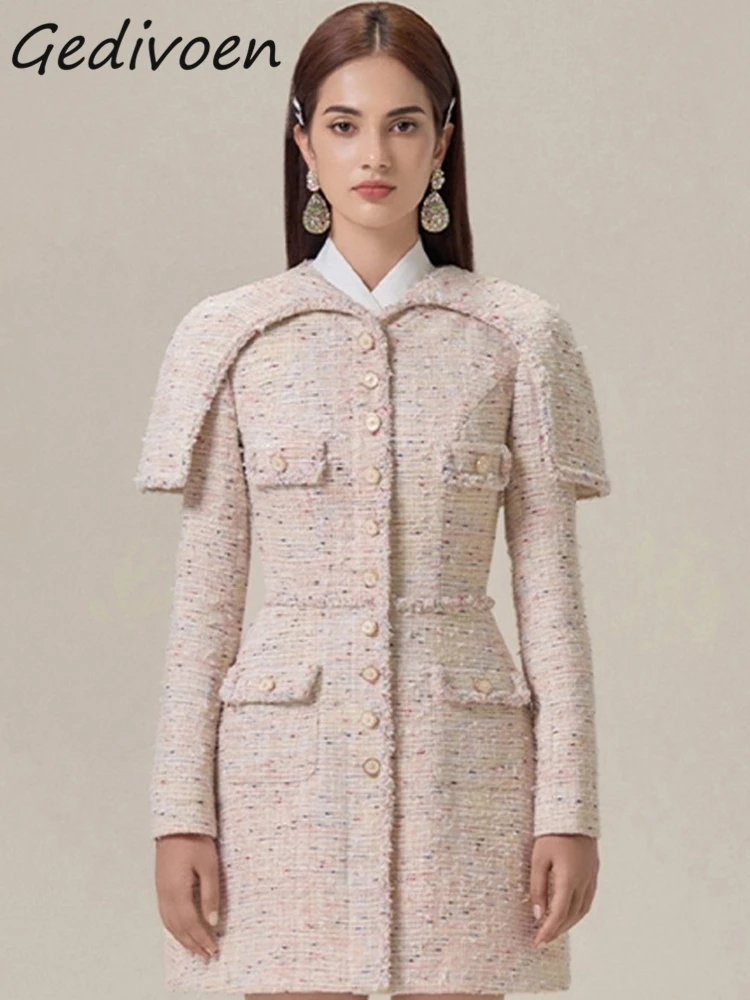 

Gedivoen Autumn Fashion Designer Beige Vintage Dress Women V Neck Long Sleeve Single Breasted Pockets High Waist Slim Mini Dress