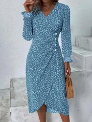 Vestido Midi ajustado con estampado Floral para mujer, traje Sexy de manga larga con cuello de pico, fruncido y ajustado, para otoño, 2023