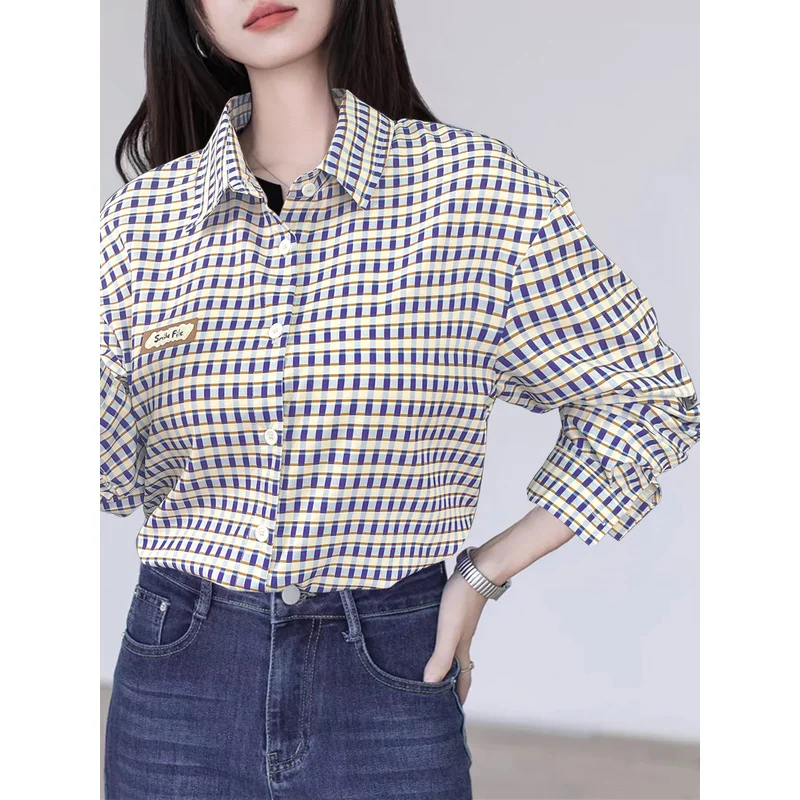 

Vintage Loose-Fit Contrast Color Plaid Collared Long-Sleeve Button-Down Shirt