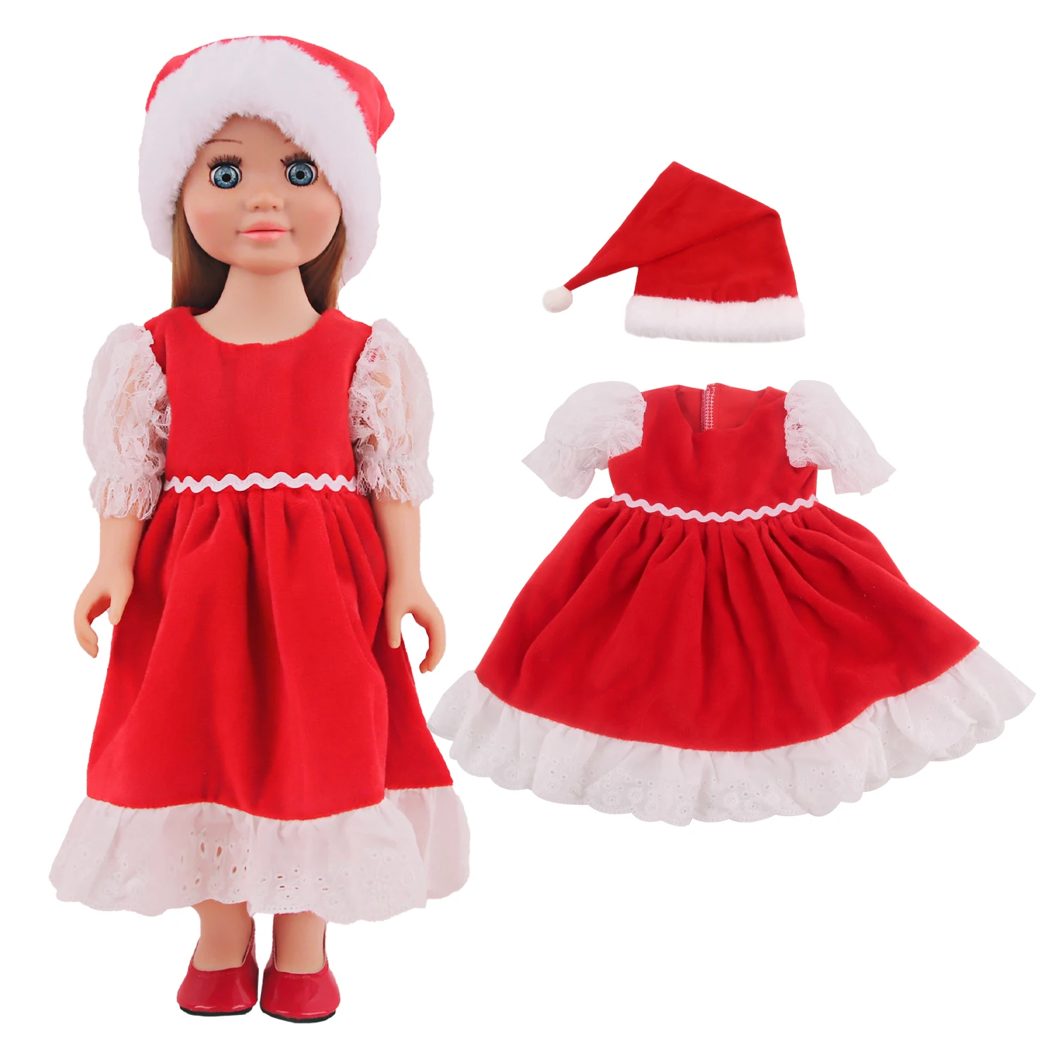 

18 Inch American Doll Red Christmas Dress Set Lace Skirt+Hat Suit Outfit For 43cm Baby Newborn&OG Girl Dolls Christmas Gift Toy