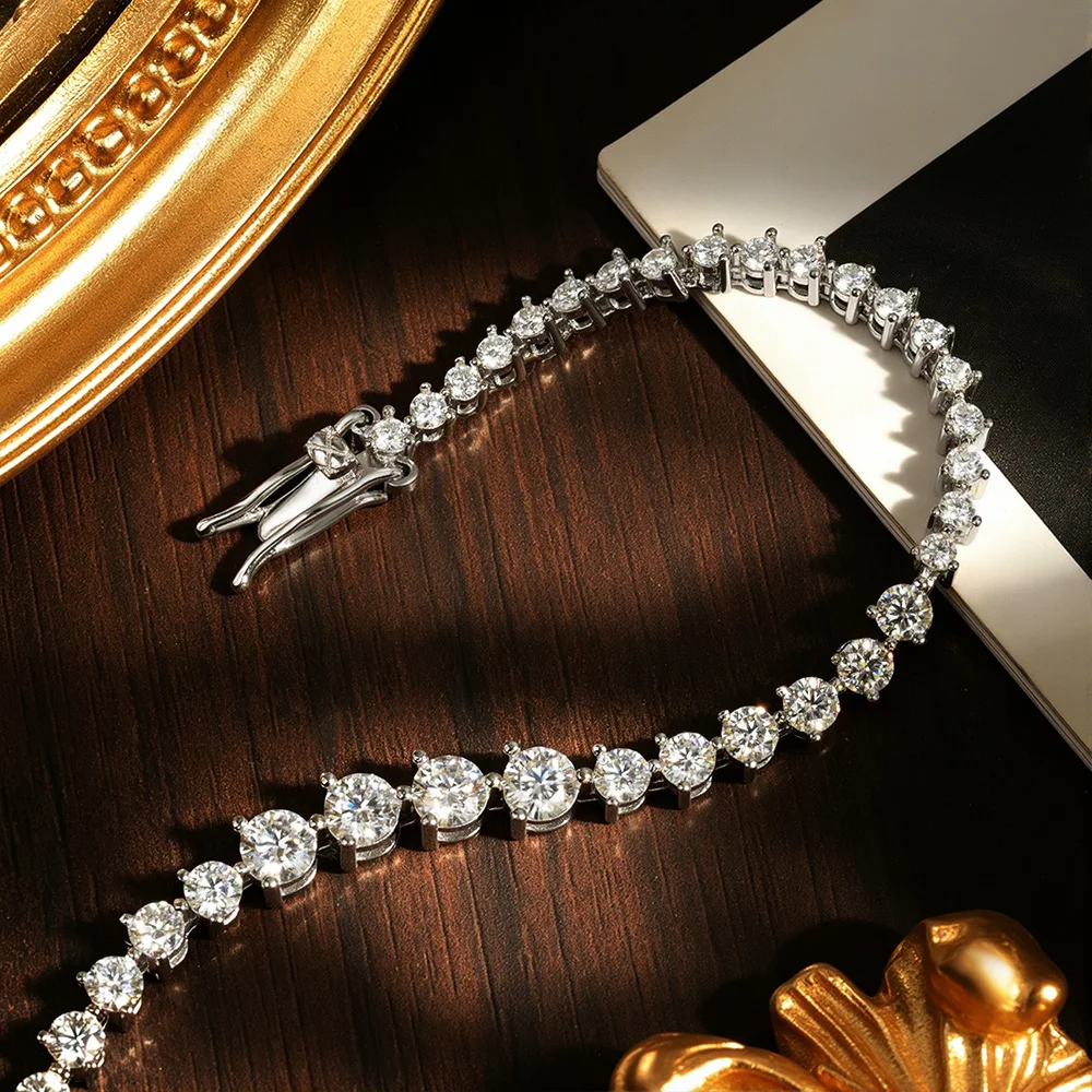 QIBAOKU 925 Sterling Silver Graduated Moissanite Tennis Bracelet 3 Prong 2-3-4mm Stone Wedding Birthday Bracelet For Women Gift