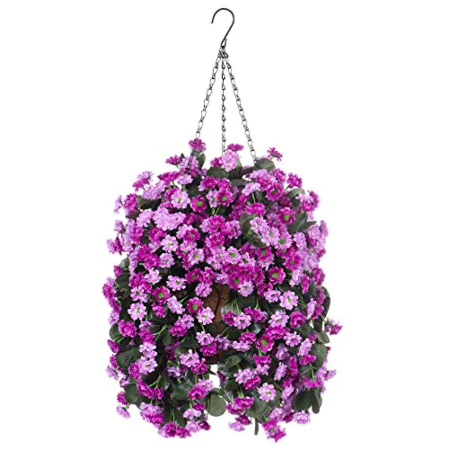

Artificial Flowers in Hanging Basket for Outdoors Spring Decor, Fake Mums Flowers Faux Plants with Basket for Indoors Home Porc