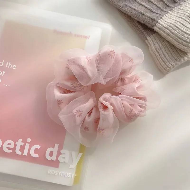Fotografia 6: Elástico de Cabelo Grande com Laço Duplo de Tela Estilo Francês para Meninas, com Flores e Laço Grande de Tecido para Coque