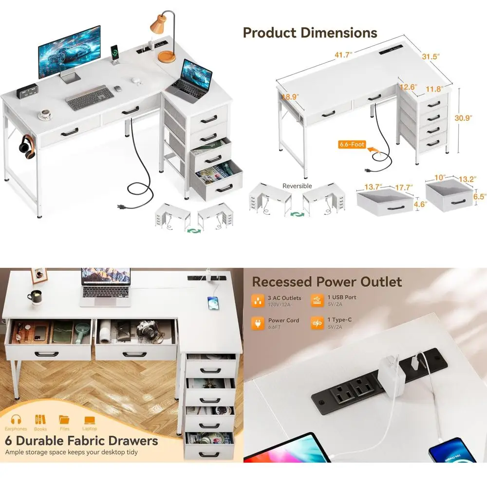 

Large 42 Inch L-Shaped Computer Desk with 6 Drawers, Power Outlets, and Reversible Corn for Home Office