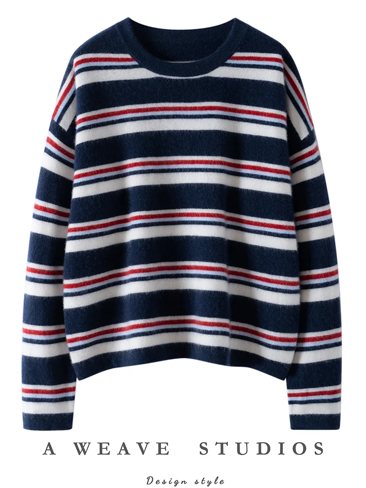 

New Autumn Winter Women's 100% Cashmere Sweater Striped O-neck Long Sleeve Pullover Cashmere Knitwear Soft Casual Style Clothing