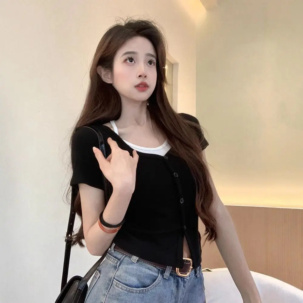 

Sweet Korean Fake Two-piece Top Short Sleeve Streetwear Lightweight Vests Aesthetic Spaghetti Strap Drawstring Crop Top Women