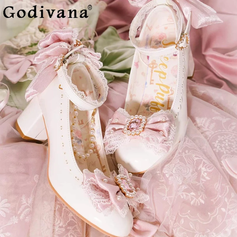 

Original Lolita Sweet Flower Wedding Low Heels Shoes Women's Cute Bow Elegant Tea Party Mary Jane Shoes Ladies Leather Shoes