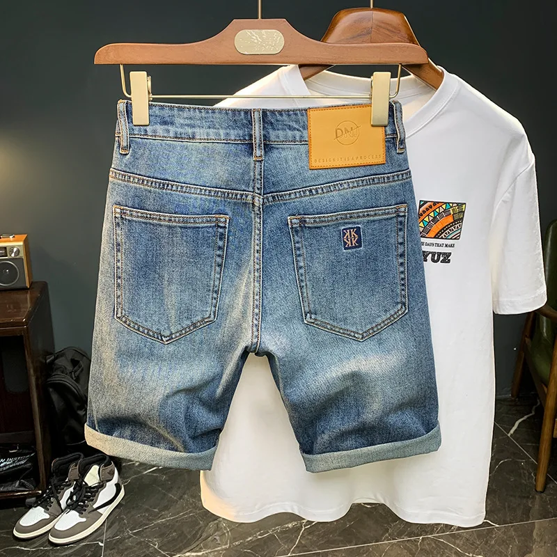 Thin Denim Shorts for Men2024Summer New Embroidery Fashion High-End Unique Design Leisure Washed-out Fifth Pants