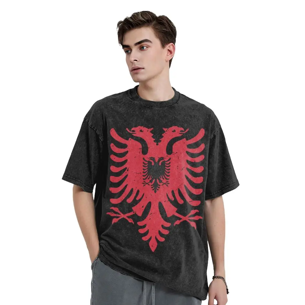 Albanische Flagge Albanien Gewaschen T Shirts Street Hip Hop Vintage T-Shirts T Shirt Männer Frauen 100% Baumwolle Harajuku Sommer – Detail 1