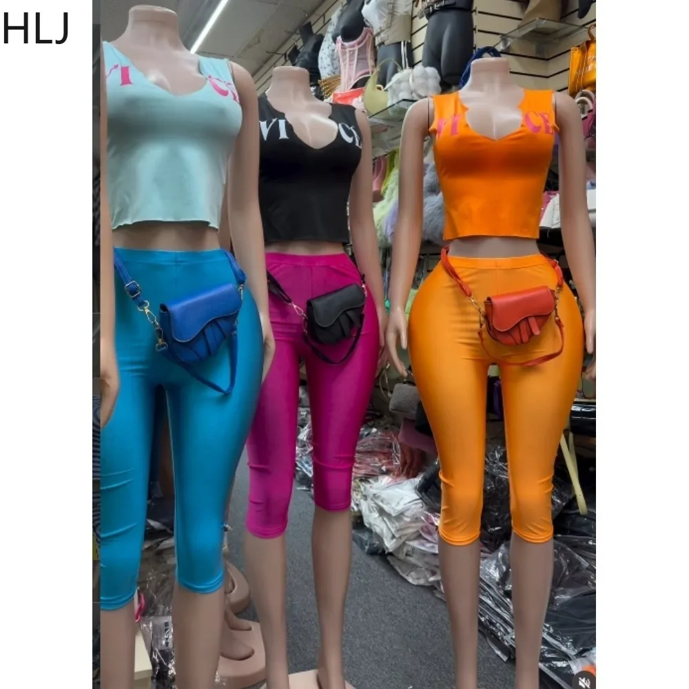 HLJ Sexy Women Letter Print 2 Piece Set Sleeveless V Neck Crop Top and Capri Pants Matching Streetwear Summer Daily Outfits New