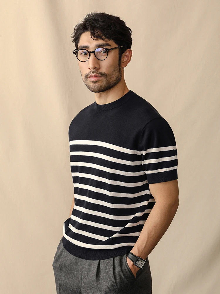 

Мужская приталенная футболка с коротким рукавом и круглым вырезом, в полоску, дышащая, повседневная, трикотажная, летняя, деловая, для джентльменов, Tagkita