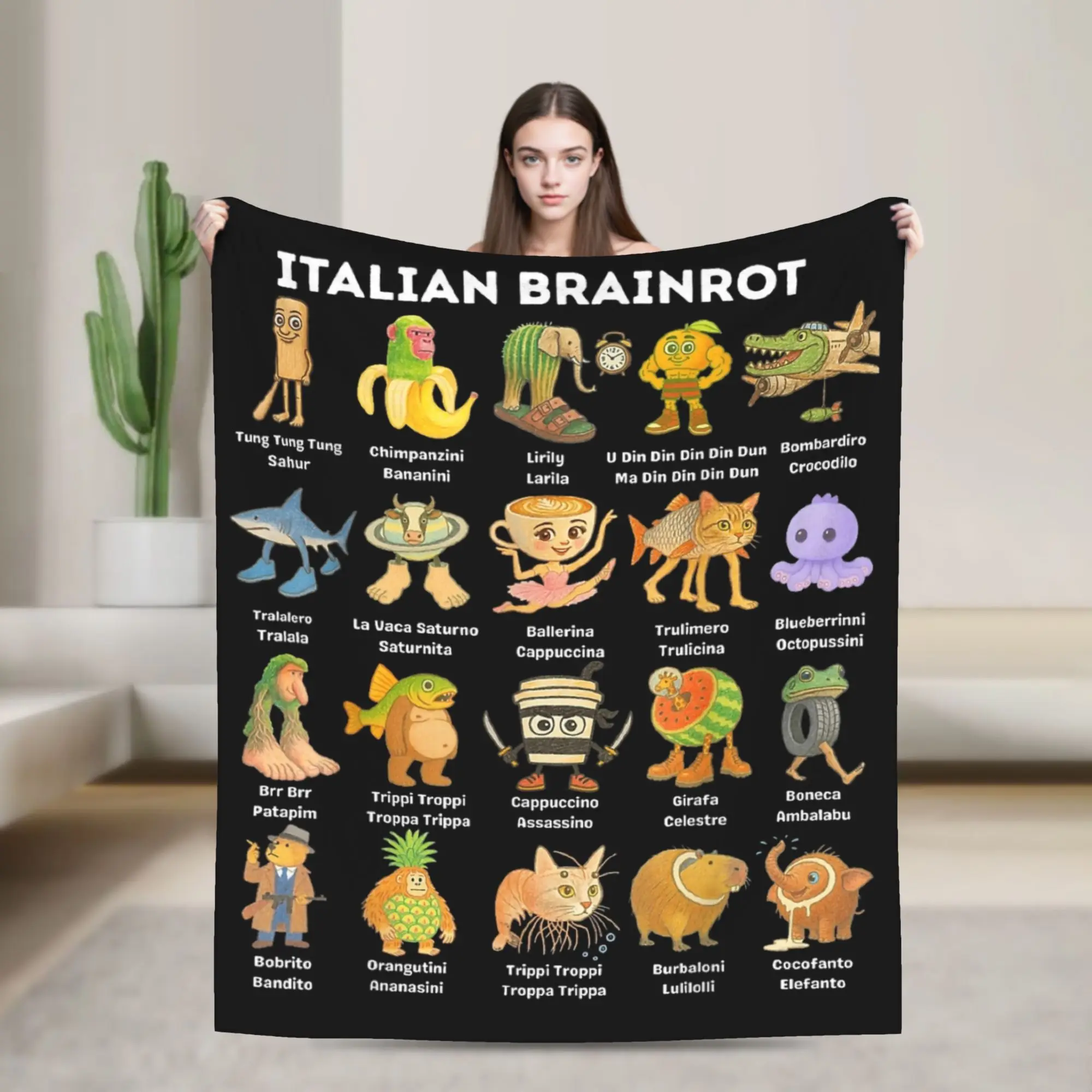 Italienische Brainrot-Charaktere, Pastell-Meme-Cartoon-Decken, Flanell, Frühling und Herbst, Überwurfdecke für Sofa, Couch, dünne Plüschdecke