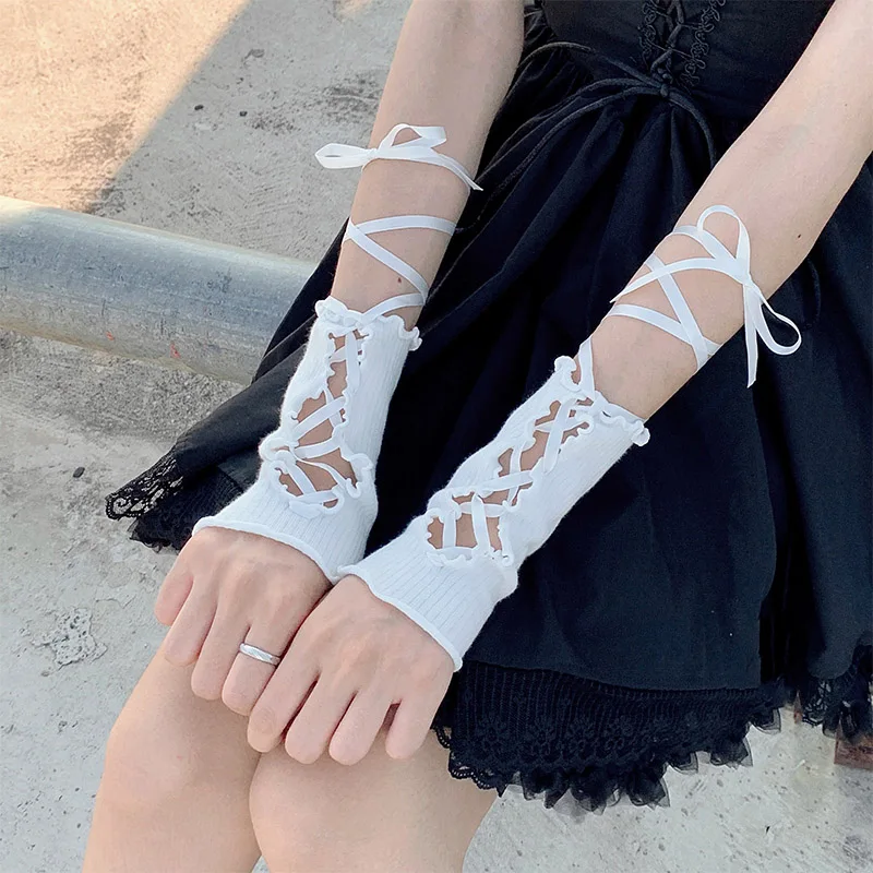 Guantes cortos de cinta Lolita para mujer, calentador de brazo sin dedos, gótico, Punk, accesorios de Cosplay negros, guantes de malla de rejilla