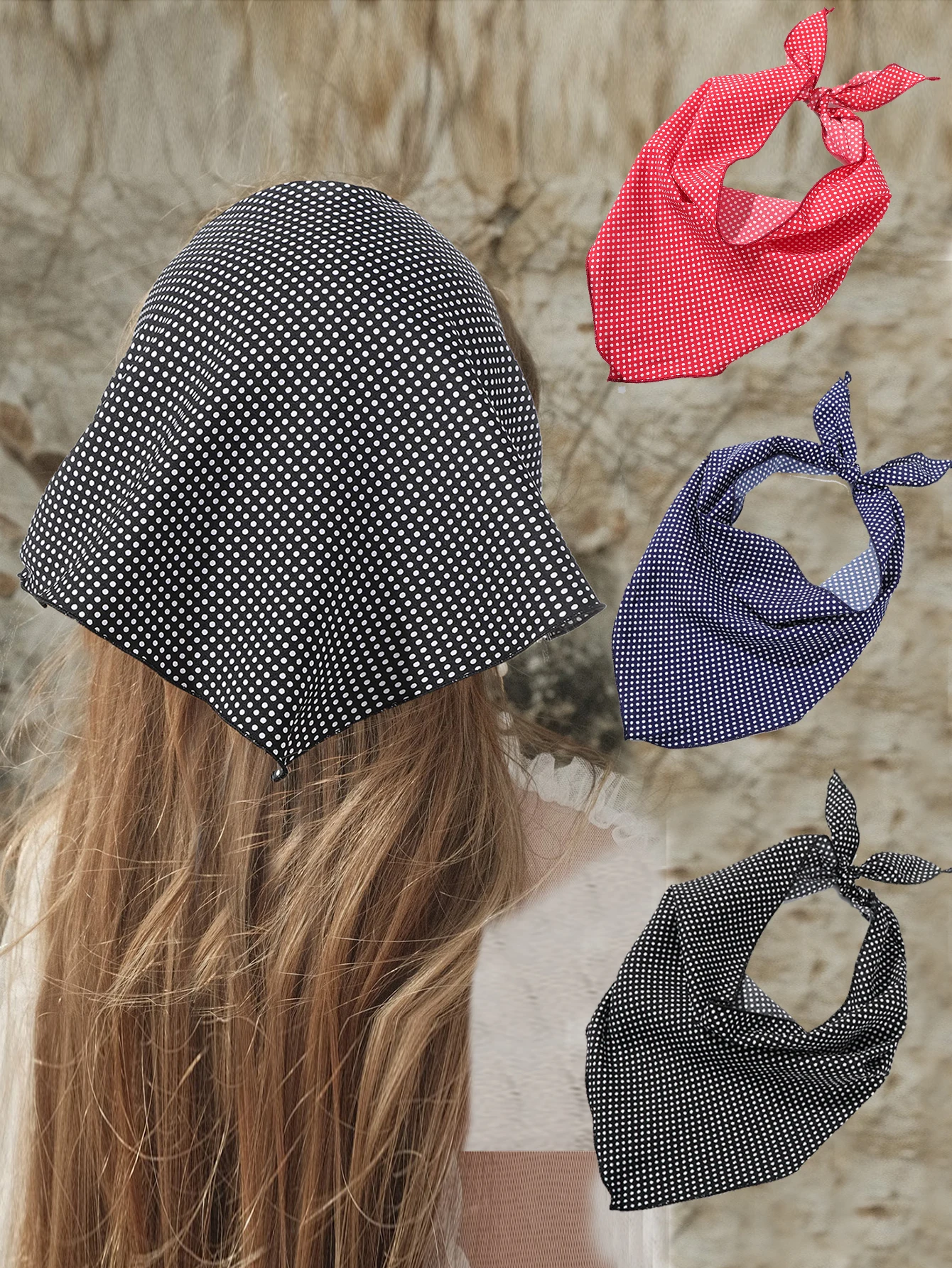 

3Pcs/set Plain Polka Dot Triangle Head Scarf Hair Bandanas Head Kerchief for Women Girls Tie-Back Boho Hair Scarf Headband