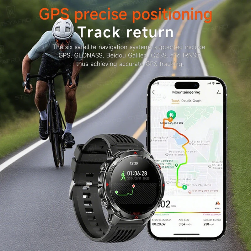 Militärische Outdoor-Sport GPS-Smartwatch-LED-Taschenlampe, 540-mAh-Akku, 3ATM wasserdichter Kompass, Bluetooth-Anruf für Android iOS