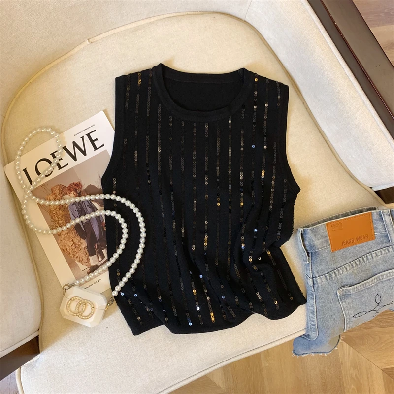 Summer Sequins Knit Sweater Vest Women Stylish Elegant Sexy Ladies Crop Tops Sleeveless Fashion Chic Knitwear Jumpers 2024