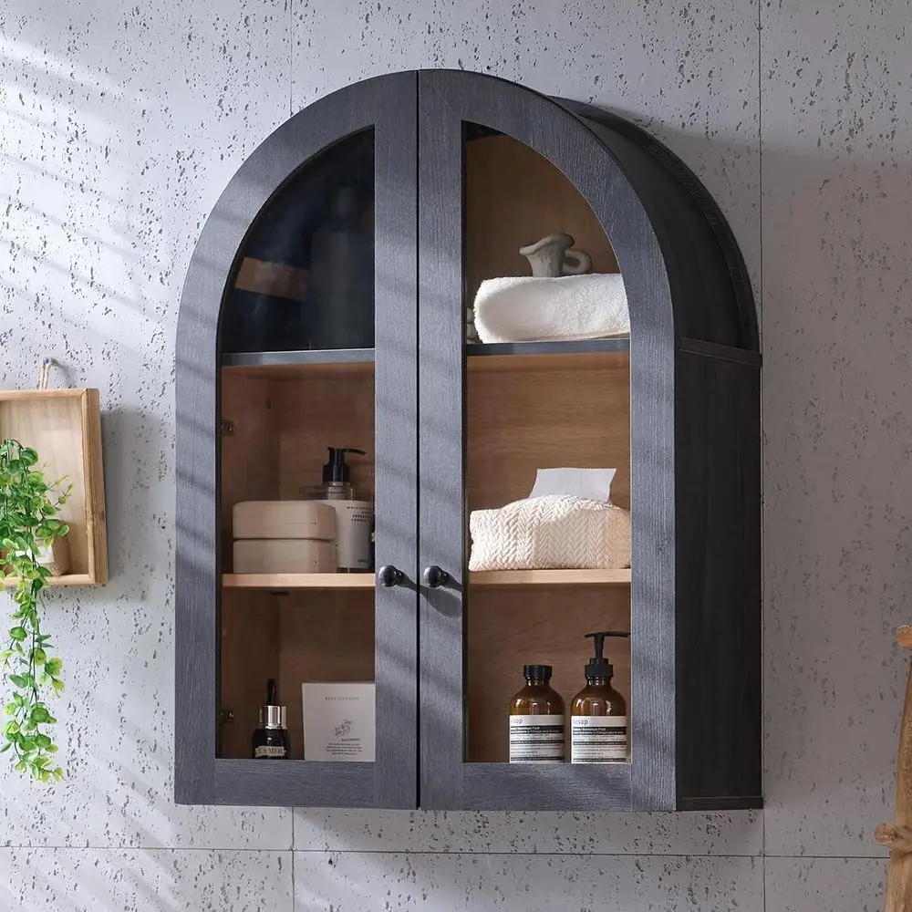 

Over-the-Toilet Arched Wall Cabinet, 23.5x31.4 Inch, Glass Door & Adjustable Shelves, Grey Wood Storage for Bathroom, Laundry, K