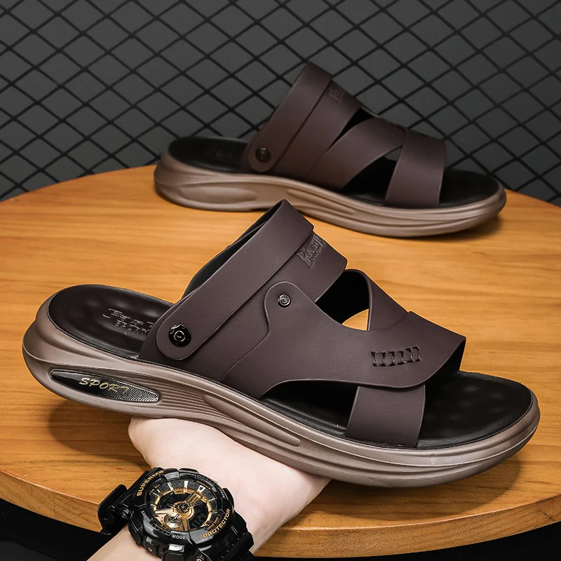 2024 Summer New Leather Sandals for Men Soft Soles Wear-resistant Wear Non-slip Beach Slippers for Men Dual-use Wading Shoes