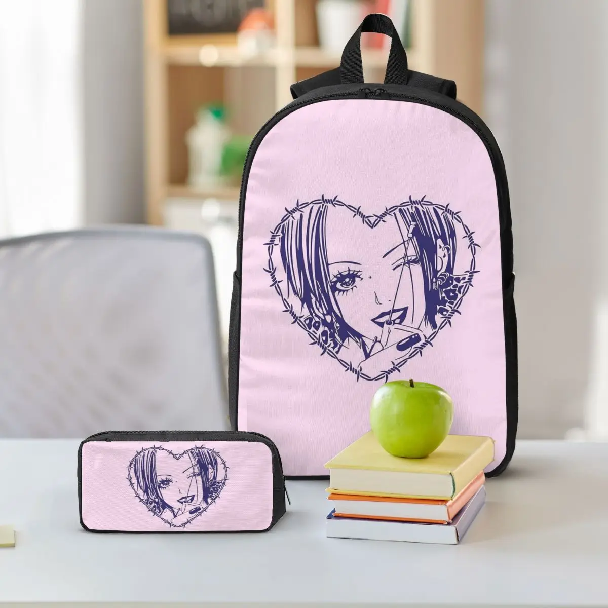 Nana Osaki Barbed Wire Heart Spread Backpack Student BookBag School Bag Shoulder Bags 3ps Insulated Lunch Bag Pencil Case