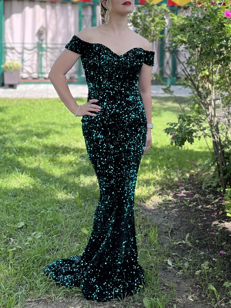 Off Shoulder Sleeveless Evening Gown Velvet Slash Neck Padded Stretch Sparkle Sequin Customized Wedding Party Dress Elegant Wome