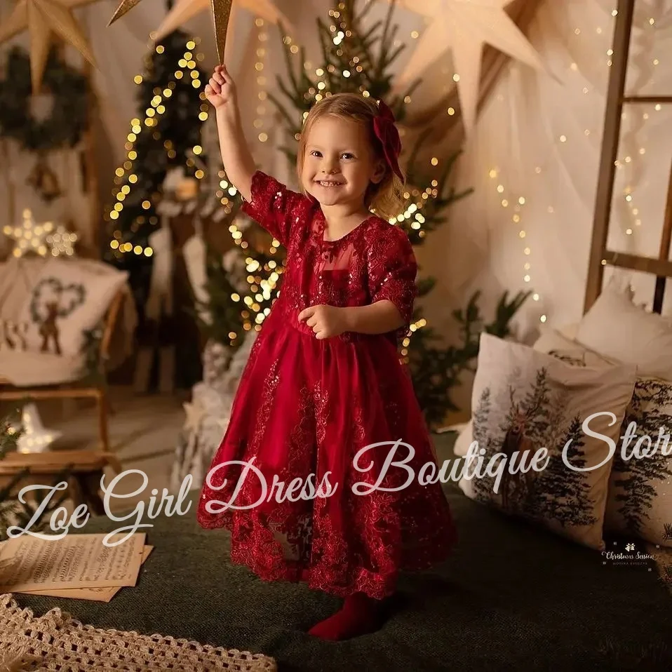 

Red Flower Girl Dresses for Wedding Lace Appliques Half Sleeves Lovely Girl Birthday Banquet First Communion Gowns Customized