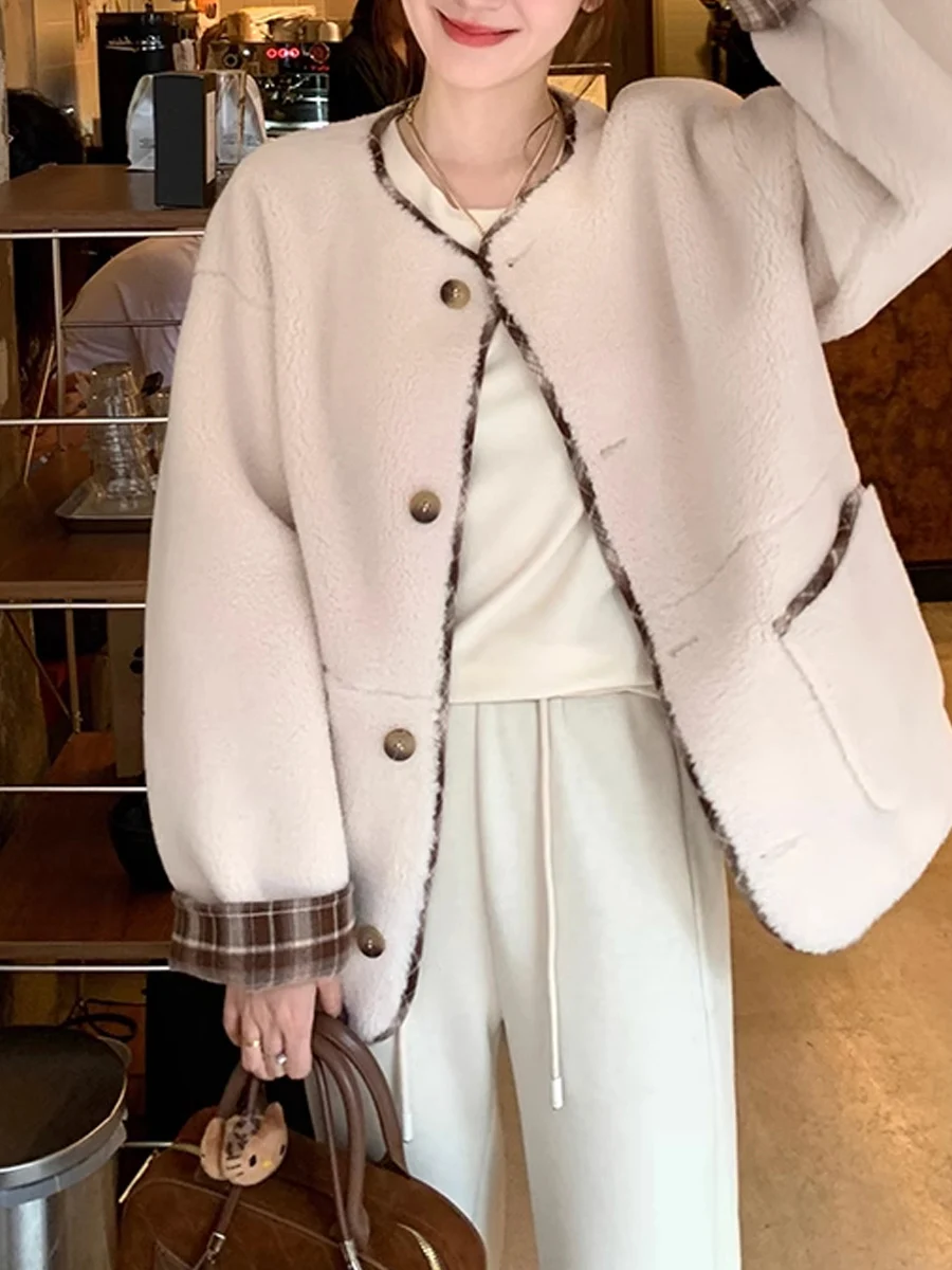 Jaet fourrure d'agneau femmes ort Thiened coréen Sle intercé en cuir et fourrure vêtements de sortie d'hiver trajet Sle coupe ample