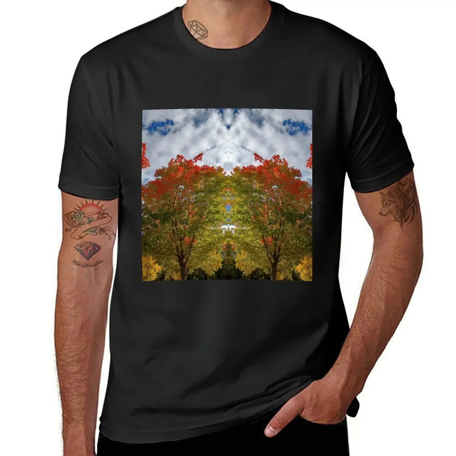 Unique Blue White Orange Green Yellow Sky Clouds Trees Nature Photograph T-Shirt summer tops plain mens t shirt