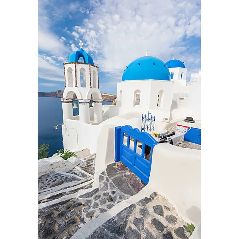 ZHISUXI The Blue Dome Church on Santorini Island Greece and the Scenery of the Aegean Sea Photographic Background Props HL-02