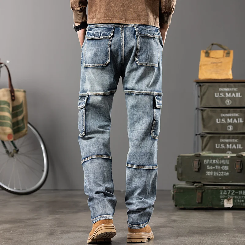 Autumn and winter new styles Men's Outdoor Wide Leg Workwear Multi-Pocket Jeans Straight fit plus size men's jeans 42 44 - Image 2