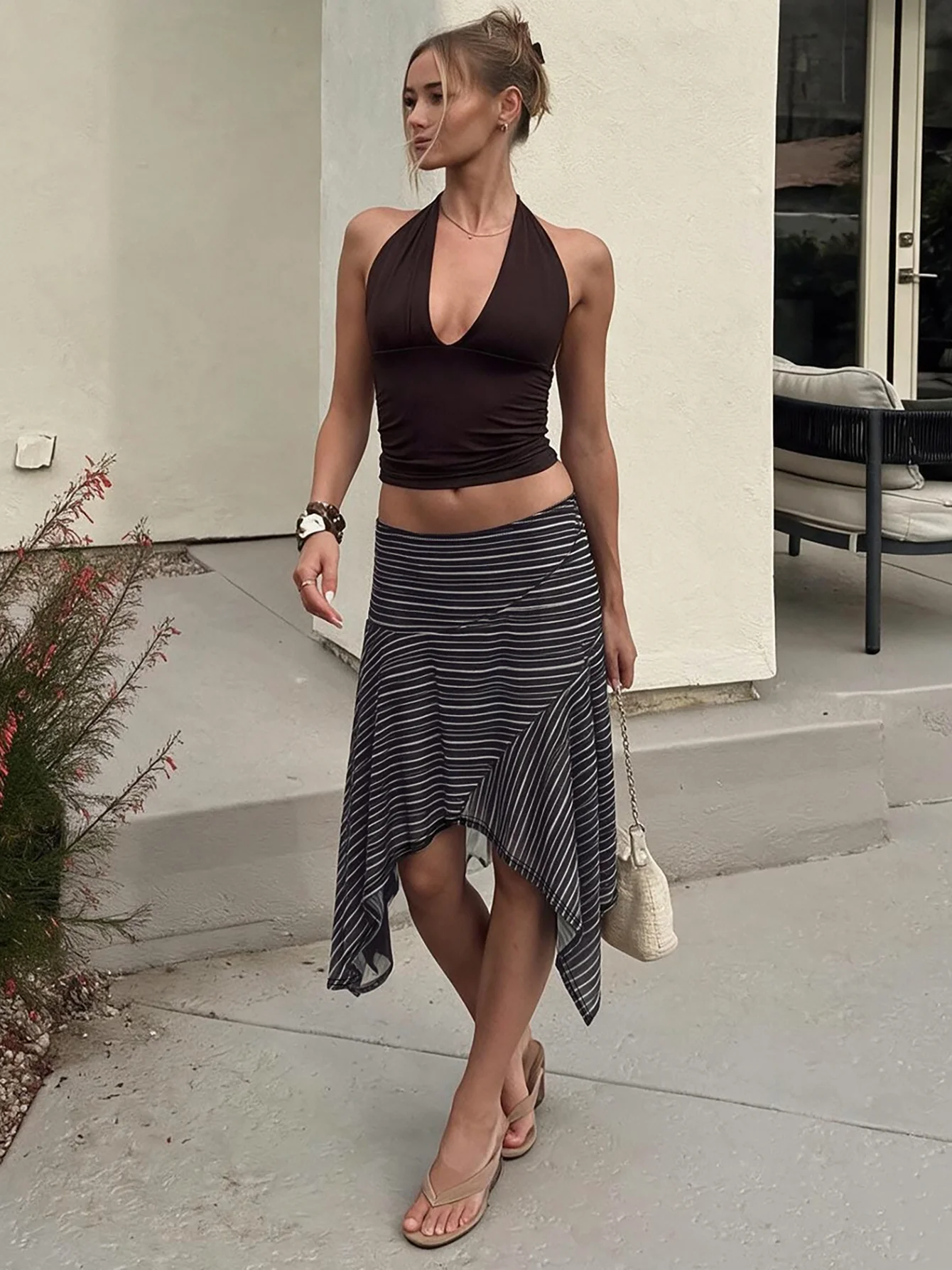 Hugcitar Striped Print High Waist Patchwork Mesh Irregular Midi Skirt Fashion Female Clothes Streetwear Party Night Club Y2K