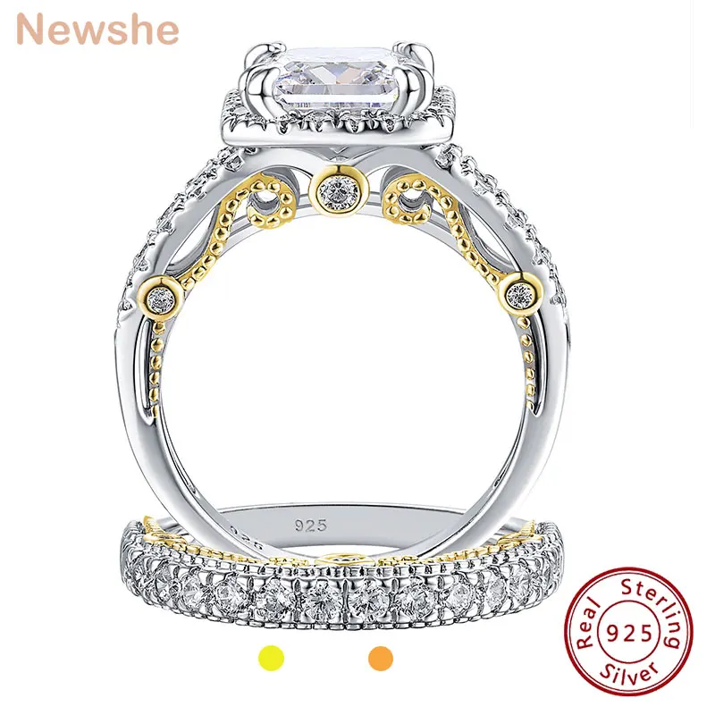 Newshe Original 925 Sterling Silver Rose Yellow K Gold Wedding Rings Set for Women Princess Cut AAAAA CZ Engagement Ring Jewelry